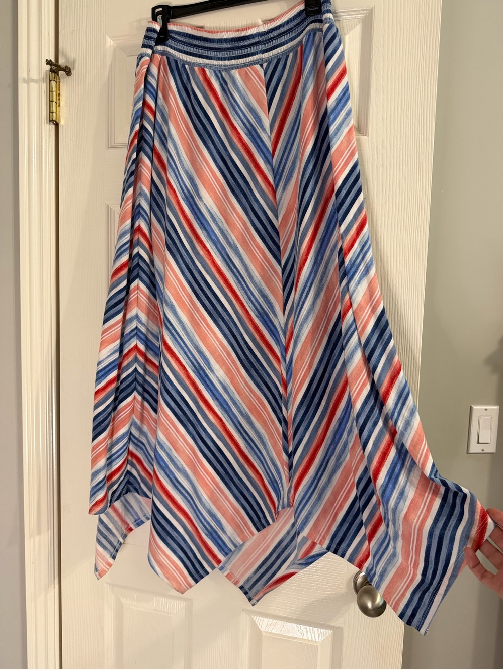 Time and Tru Asymmetrical Striped Handkerchief Hem Skirt in Blue, Pink & Red